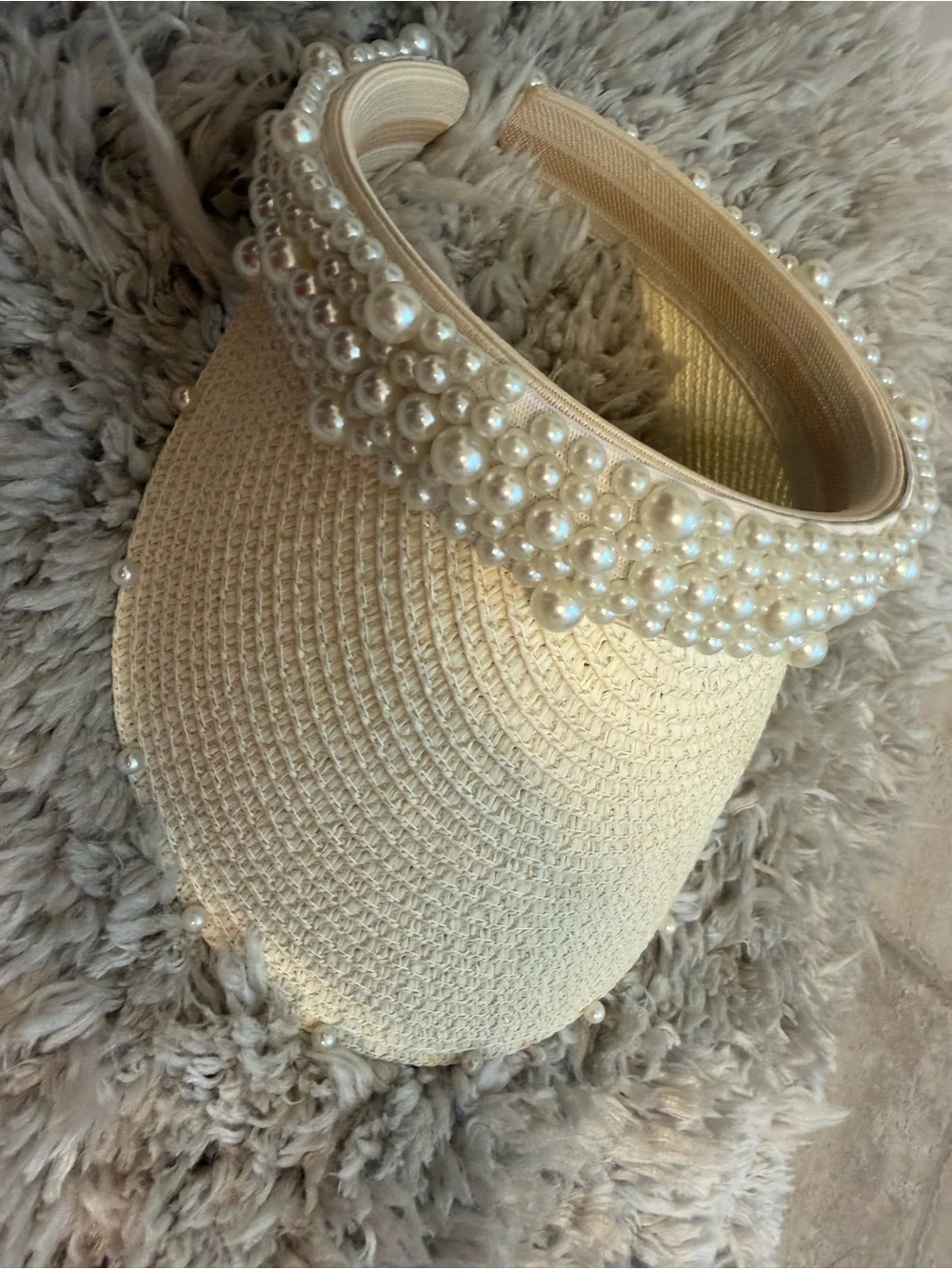 High quality Pearl-Embellished Straw Visor Hat - Cream
